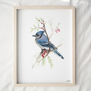 Blue Jay Bird Watercolor Art Skriv ut Poster
