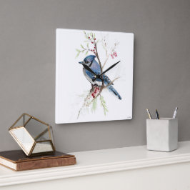 Blue Jay Bird Watercolor Art Square Wall Clock Fyrkantig Klocka