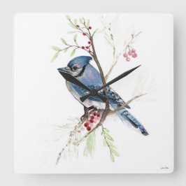 Blue Jay Bird Watercolor Art Square Wall Clock Fyrkantig Klocka