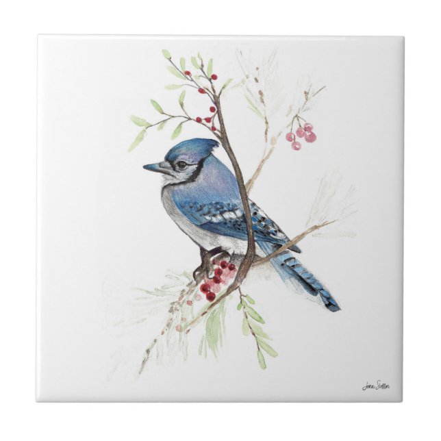 Blue Jay Bird Watercolor Ceramic Tile Kakelplatta (Framsidan)