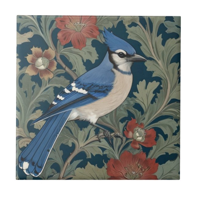Blue jay Bird William Morris stil Höger BlueJay Kakelplatta (Framsidan)