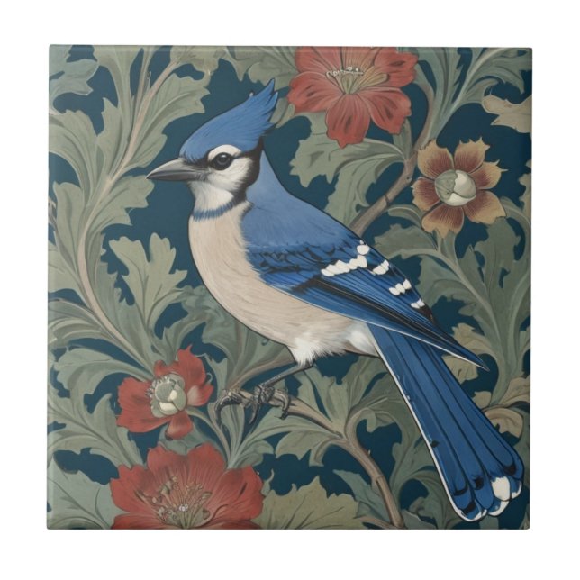 Blue jay Bird William Morris stil Lämnat BlueJay Kakelplatta (Framsidan)