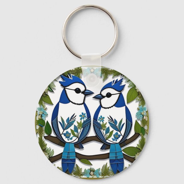 Blue Jay Birds Papper Art Nyckelring (Framsida)