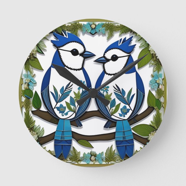Blue Jay Birds Papper Art Rund Klocka (Framsida)