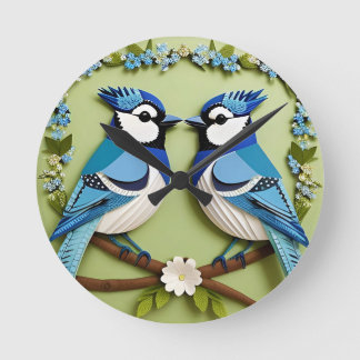 Blue Jay Birds Papper Art Rund Klocka