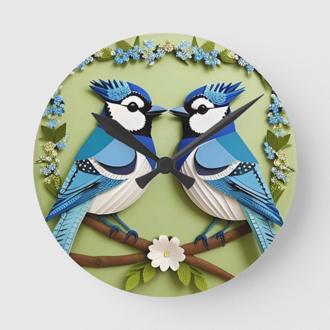 Blue Jay Birds Papper Art Rund Klocka (Framsida)