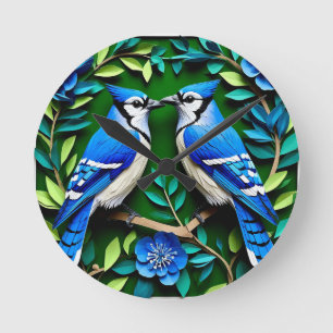 Blue Jay Birds Papper Art Rund Klocka