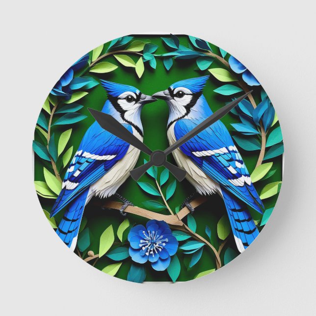 Blue Jay Birds Papper Art Rund Klocka (Framsida)