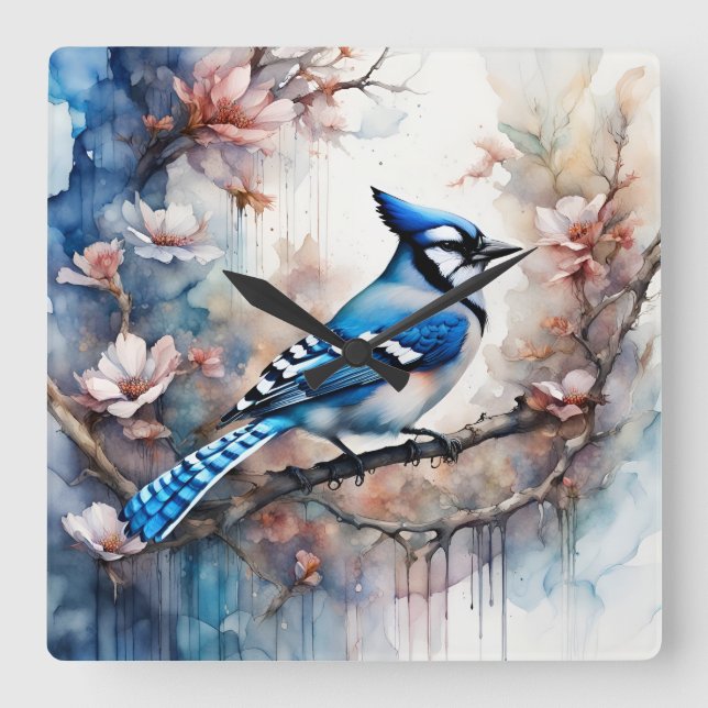 Blue Jay Cherry Blommars vattenfärg Fyrkantig Klocka (Framsida)