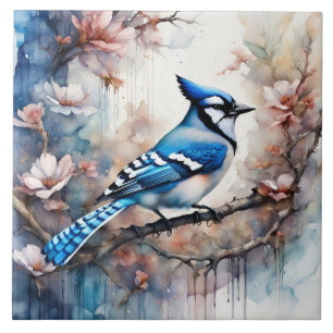 Blue Jay Cherry Blommars vattenfärg Kakelplatta