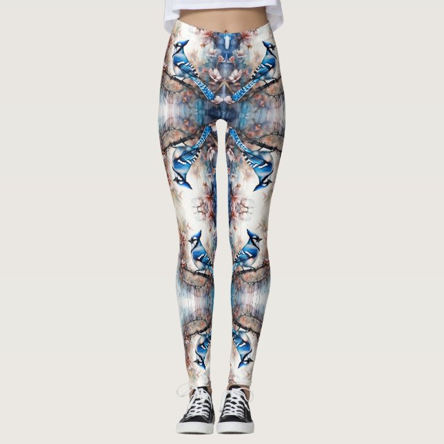 Blue Jay Cherry Blommars vattenfärg Leggings (Framsida)