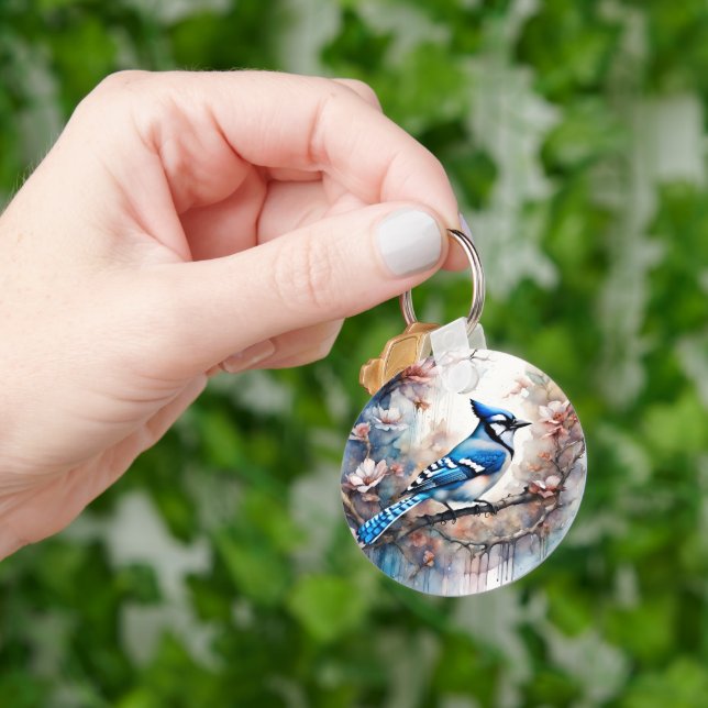 Blue Jay Cherry Blommars vattenfärg Nyckelring (Hand)