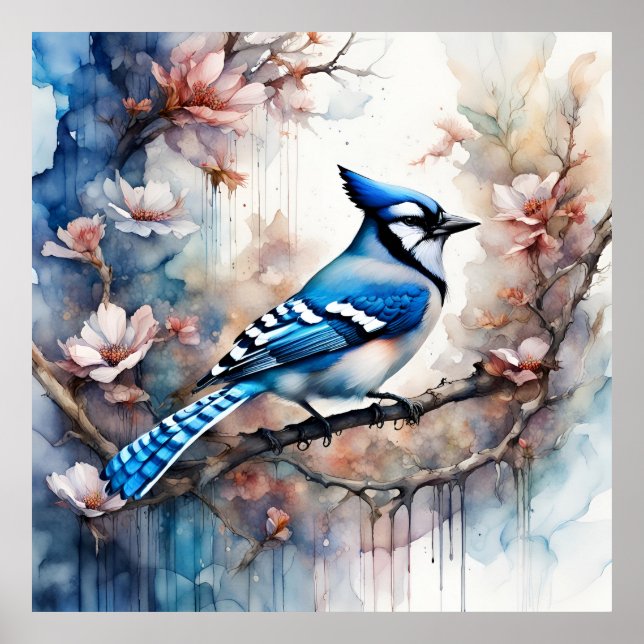 Blue Jay Cherry Blommars vattenfärg Poster (Framsidan)