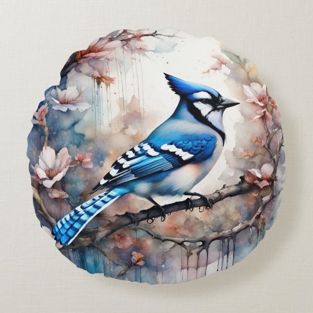 Blue Jay Cherry Blommars vattenfärg Rund Kudde (Framsidan)
