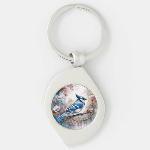 Blue Jay Cherry Blommars vattenfärg Swirl Silverfärgad Nyckelring