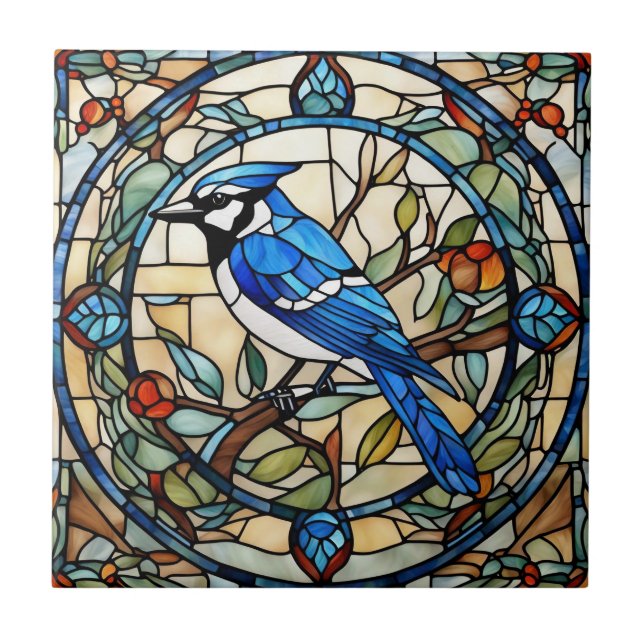 Blue Jay Faux Stached Glass Bluejay Bird Kakelplatta (Framsidan)