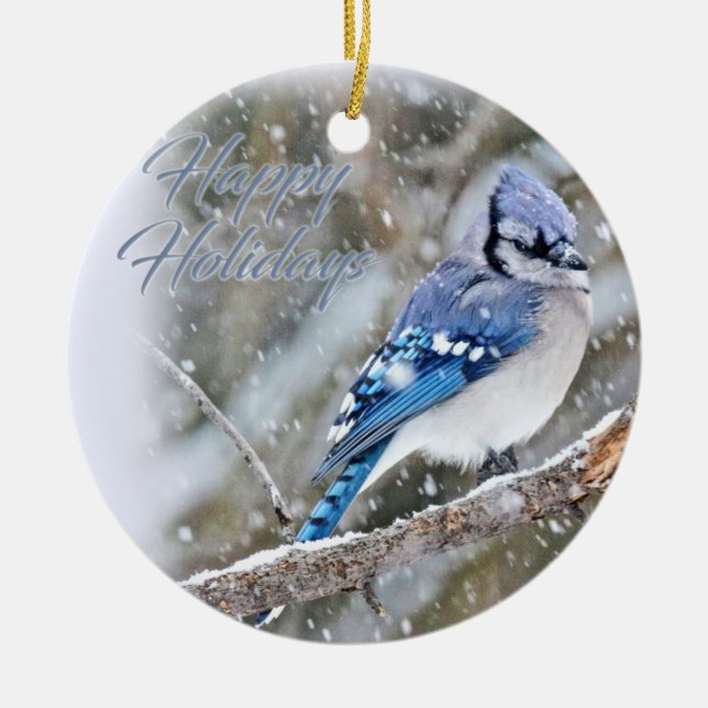 Blue Jay i Snö jul Helgdag Julgransprydnad Keramik (Framsidan)