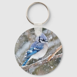 Blue Jay i Snowstorm Nyckelring