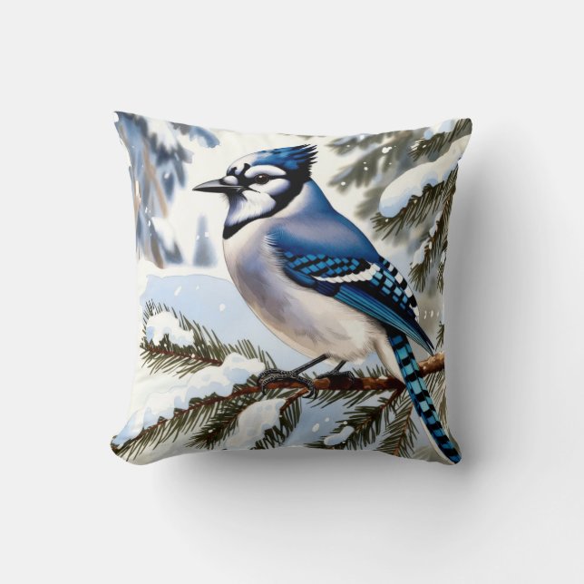 Blue Jay in Snowy Pines Watercolor Winter Kudde (Framsida)