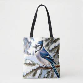 Blue Jay in Snowy Pines Watercolor Winter Tote Bag Tygkasse