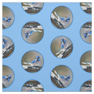 Blue Jay in Winter Snö Painting Original Bird Art Tyg