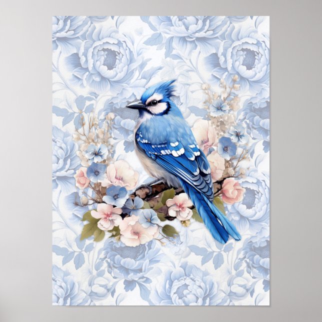 Blue Jay med CornblommBlue &  Rosa Blommigt Poster (Framsidan)