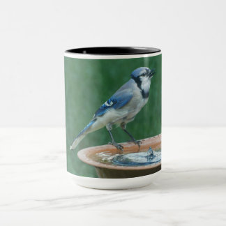 Blue Jay på Bird Bath Bird Photography 15oz Coffee Mugg