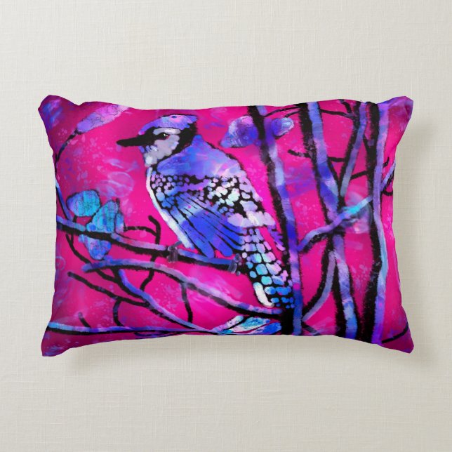 Blue Jay på Träd Grenar Abstrakt Art Rosa Prydnadskudde (Framsidan)