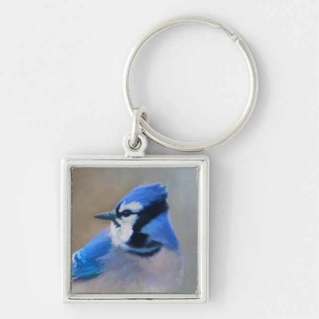 Blue Jay Painting - Original Bird Art Fyrkantig Silverfärgad Nyckelring (Framsidan)