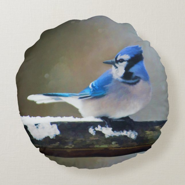 Blue Jay Painting - Original Bird Art Rund Kudde (Baksidan)