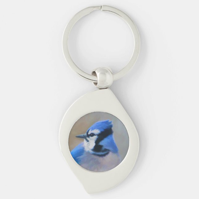Blue Jay Painting - Original Bird Art Swirl Silverfärgad Nyckelring (Framsidan)