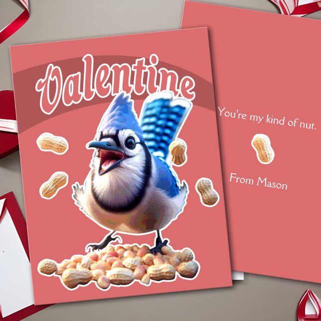 Blue Jay Peanuts Funny Crazy Kids School Valentine Helg Vykort (Funny Blue Jay Peanuts Valentine card, funny animal postcard for kids classroom exchange. Crazy bird)