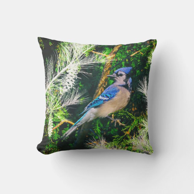 Blue Jay Pin Grenar Stylized Bird Exdoor Pillow Kudde (Framsida)