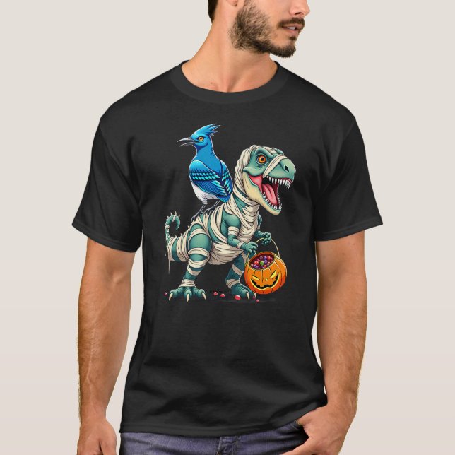 Blue Jay Riding Mummy T-Rex Dinosaur Halloween T Shirt (Framsida)