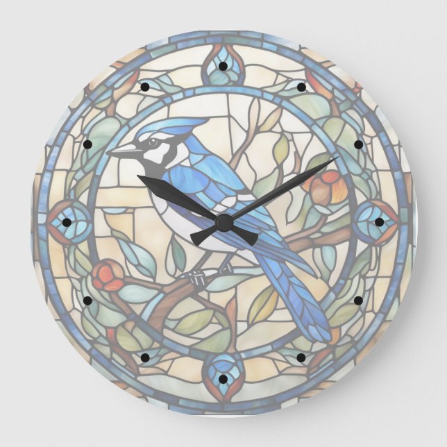 Blue Jay Stached Glass Bluejay Bird Clock Stor Klocka (Framsida)