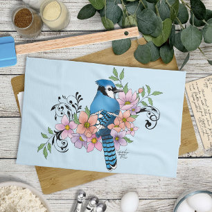 Blue Jay Vår blommor Kökshandduk
