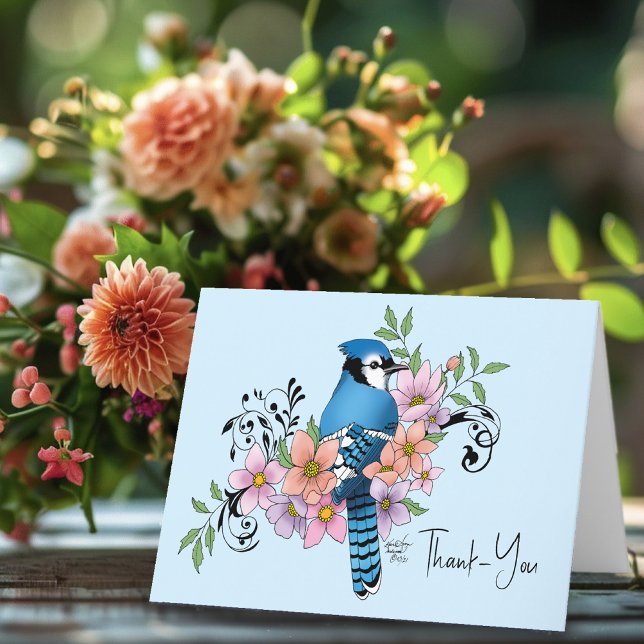 Blue Jay Vår blommor Tack Kort (Skapare uppladdad)