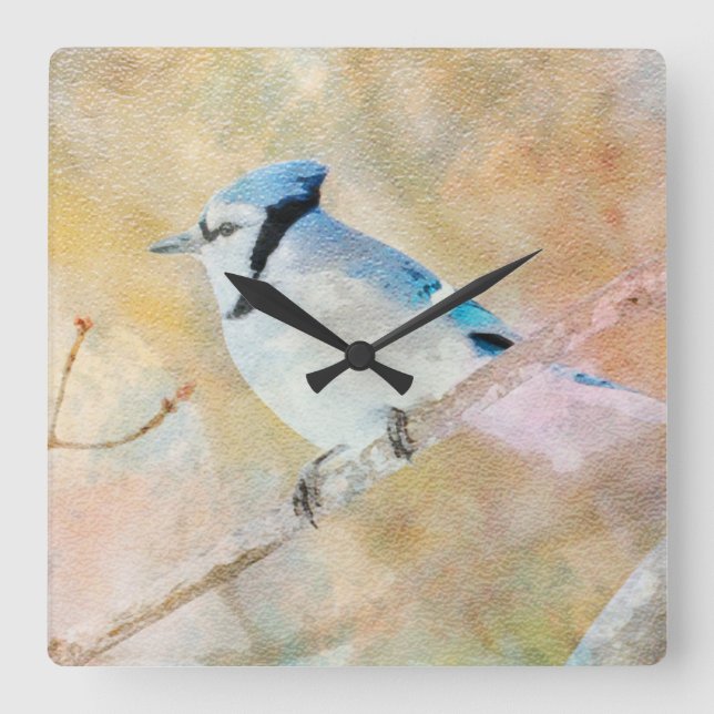 Blue Jay Watercolor Wall Clock Design Fyrkantig Klocka (Framsida)