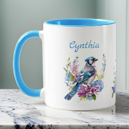 Blue Jays och Söt Summer Flowers Monogram Namn Mugg