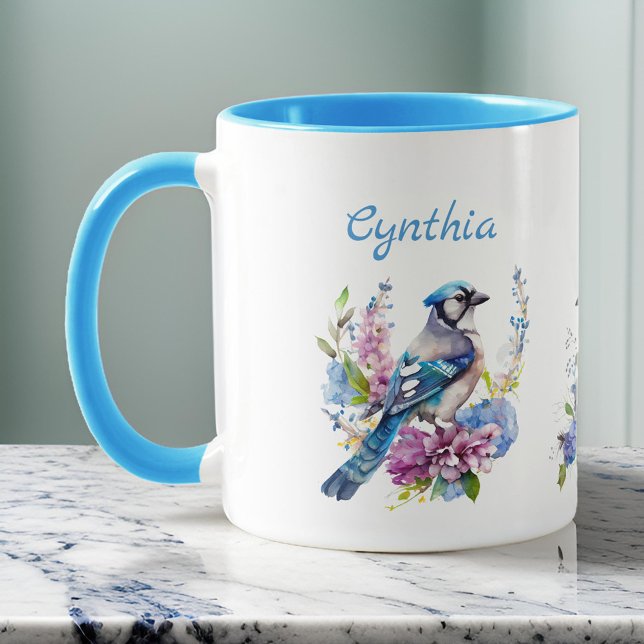 Blue Jays och Söt Summer Flowers Monogram Namn Mugg (Skapare uppladdad)