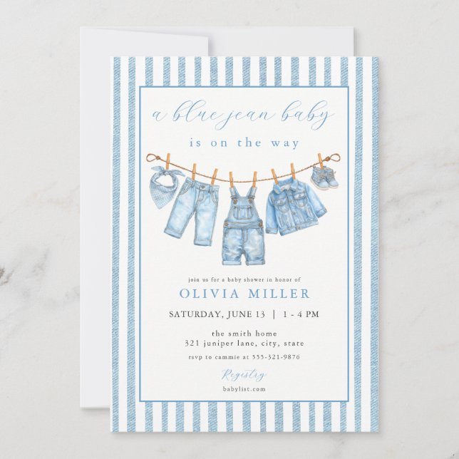 Blue Jean Baby Baby Shower Clothesline Denim Inbjudningar (Framsida)