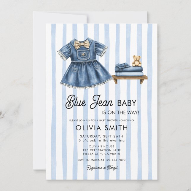 Blue Jean Baby Girl Denim Baby Shower Invitation Inbjudningar (Framsida)