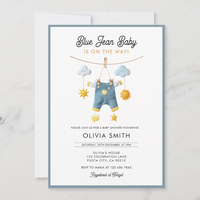 Blue Jean Baby Is On The Way Baby Shower Inbjudningar (Framsida)