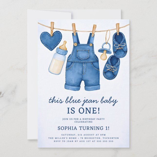 Blue Jean Baby Modern Denim 1:a födelsedagen Inbjudningar (Framsida)