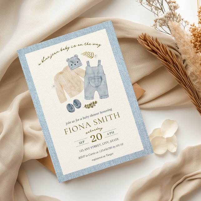 Blue Jean Baby Shower Denim Boy Clothes Inbjudningar (A blue jean baby Denim Boy Baby Shower Invitation Boho Country Vintage Western Little Cowboy)