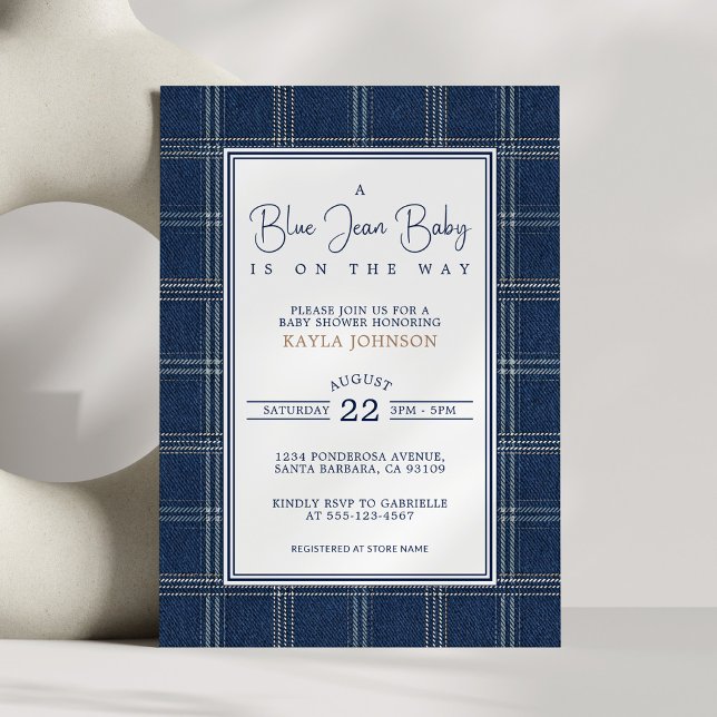 Blue Jean Baby Shower Preppy Plaid Script Inbjudningar (Skapare uppladdad)