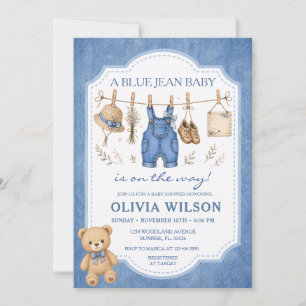Blue Jean Clothesline Girl Bear Baby Shower Inbjudningar