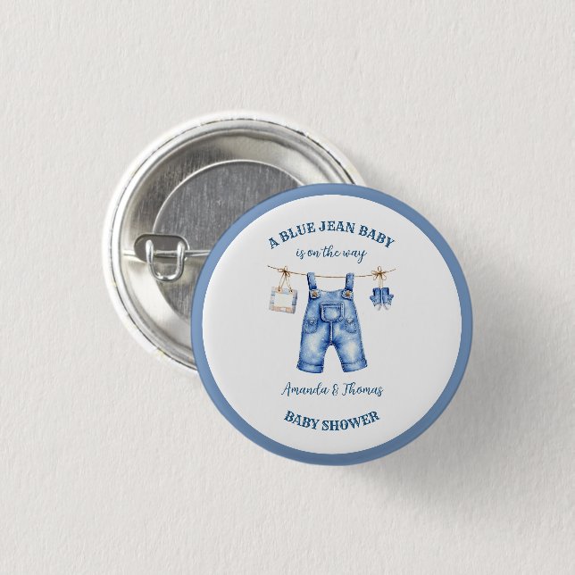 Blue Jean Denim Baby Shower Favor Knapp (Framsida & baksida)