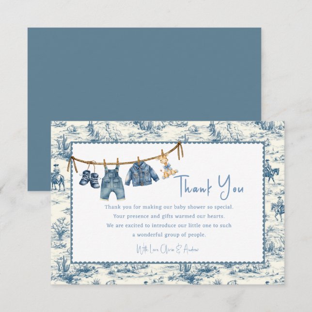 Blue Jean Denim Boy Baby Shower Thank You Card (Fram/baksida)