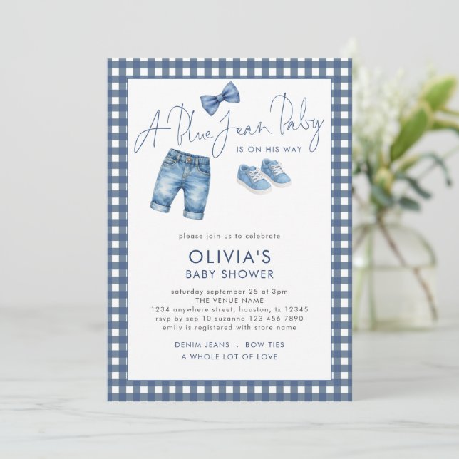 Blue Jean Denim Boy Gingham Baby Shower  Inbjudningar (Stående Fram)